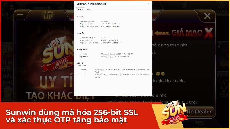 Sunwin dùng mã hóa 256-bit SSL và xác thực OTP tăng bảo mật